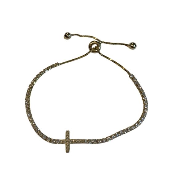 Adjustable Goldtone Cross Bracelet Clear Rhinestones - Picture 1 of 5